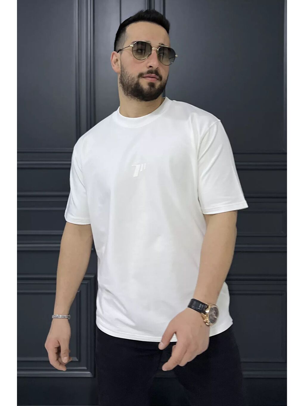 Ekru Erkek Bisiklet Yaka Baskılı Tişört