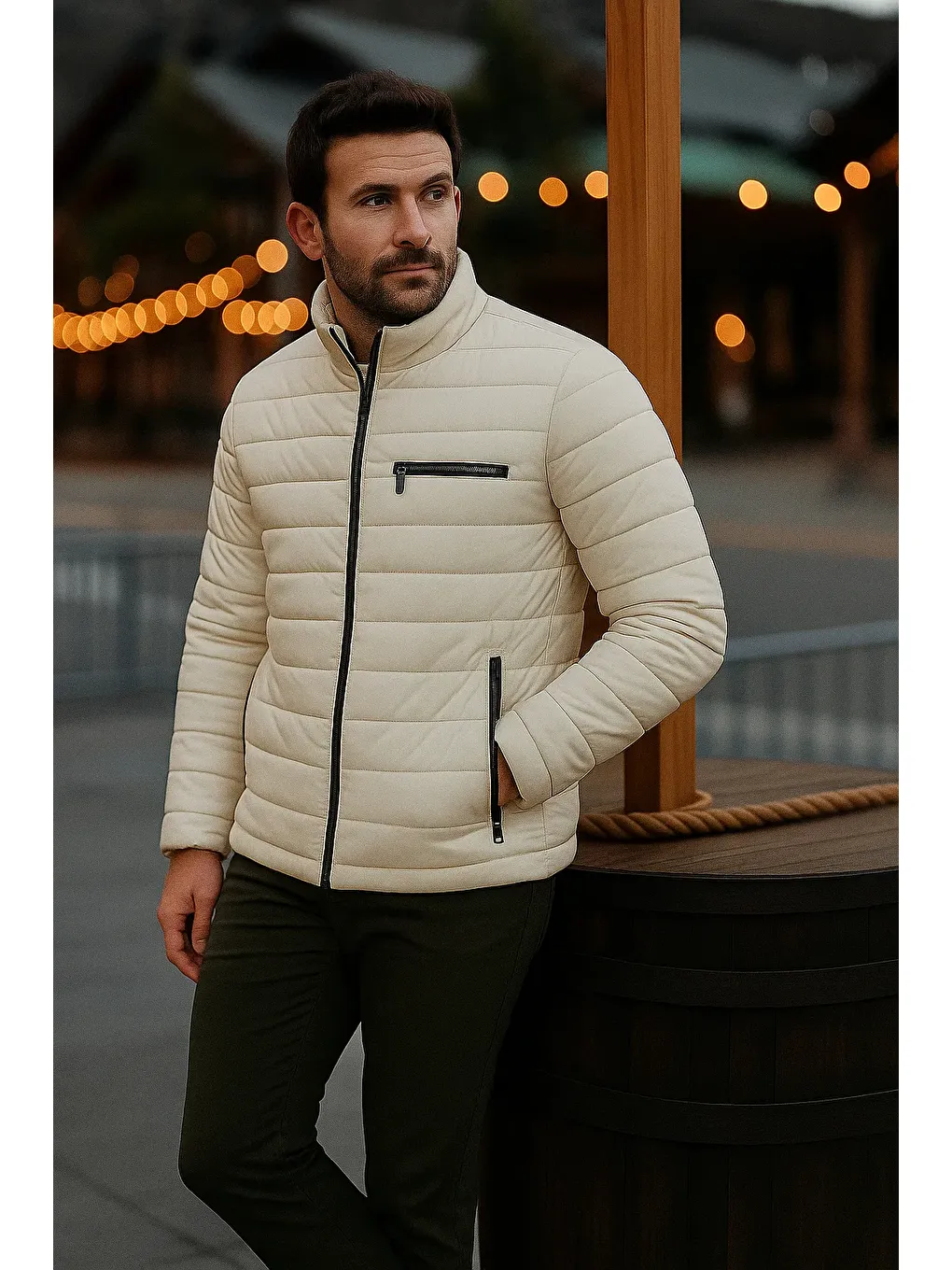 Ekru Erkek Trend Günlük Dik Yaka Kışlık Krem Şişme Mont-3