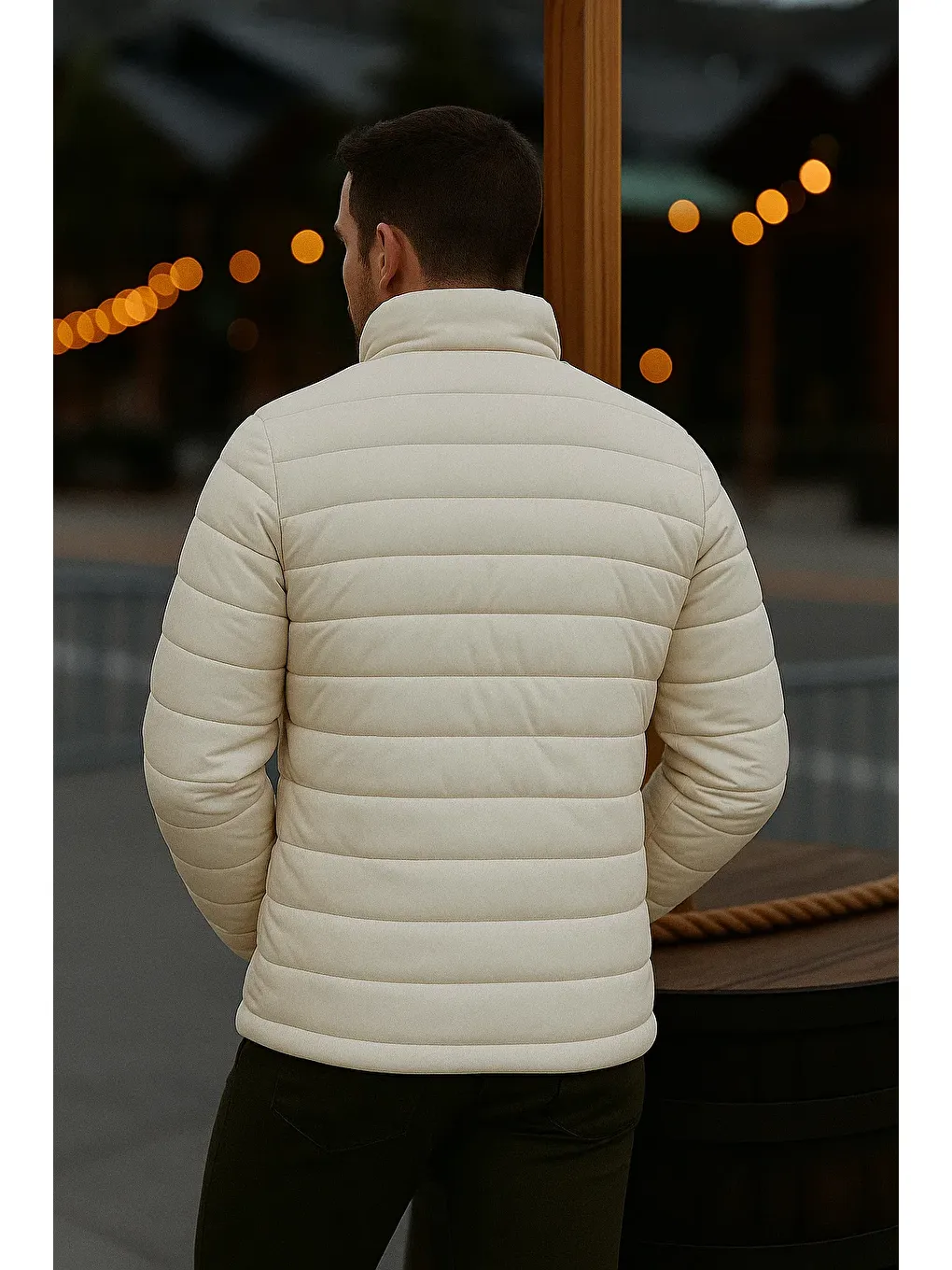 Ekru Erkek Trend Günlük Dik Yaka Kışlık Krem Şişme Mont-4