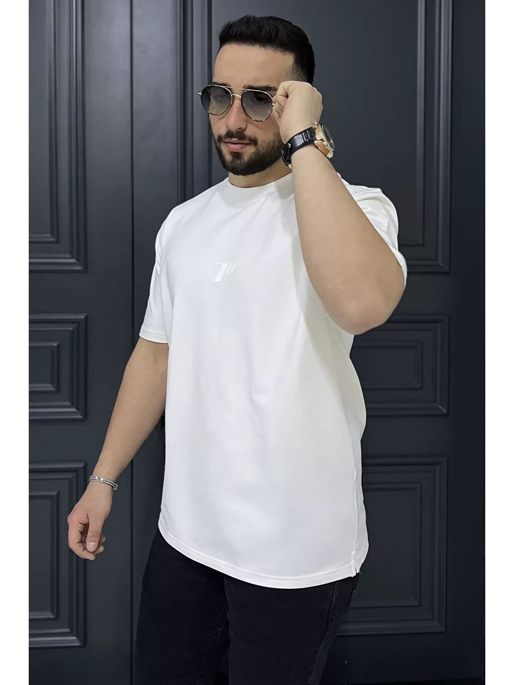 Ekru Erkek Bisiklet Yaka Baskılı Tişört-1