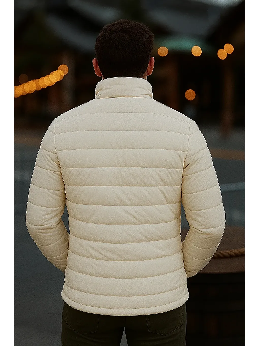 Ekru Erkek Trend Günlük Dik Yaka Kışlık Krem Şişme Mont-5