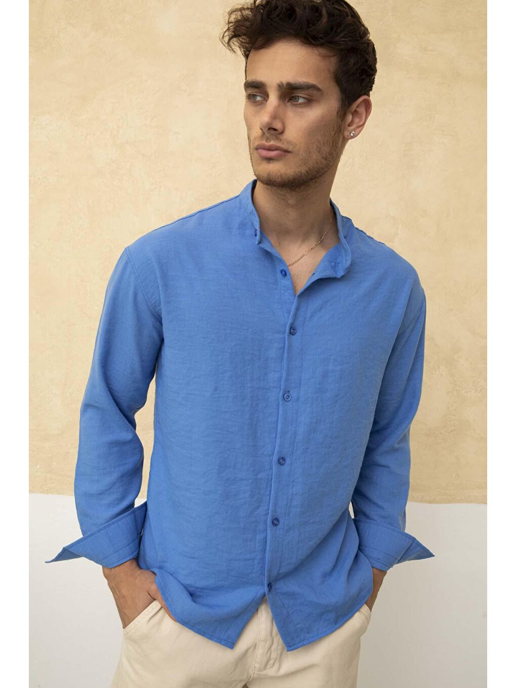 Mavi Slim Fit Dar Kalıp Uzun Kol Hakim Yaka Pamuklu Keten Efekt Gömlek-4