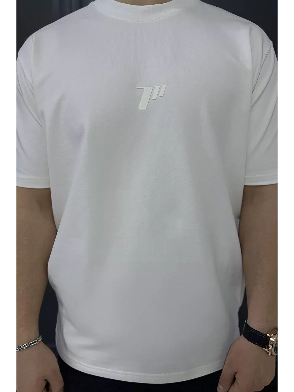 Ekru Erkek Bisiklet Yaka Baskılı Tişört-3