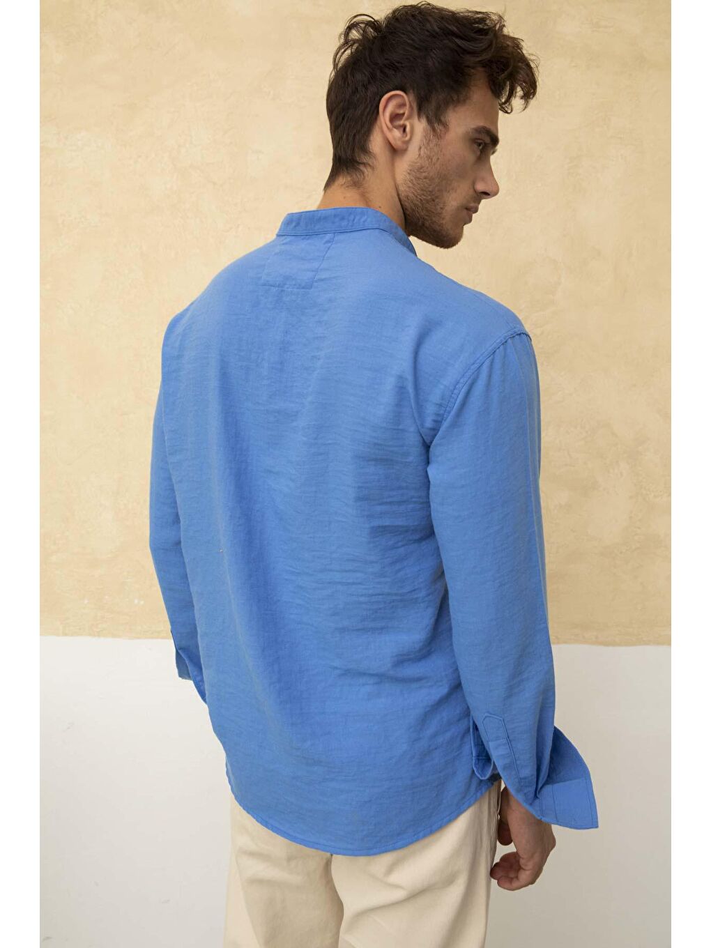 Mavi Slim Fit Dar Kalıp Uzun Kol Hakim Yaka Pamuklu Keten Efekt Gömlek-5