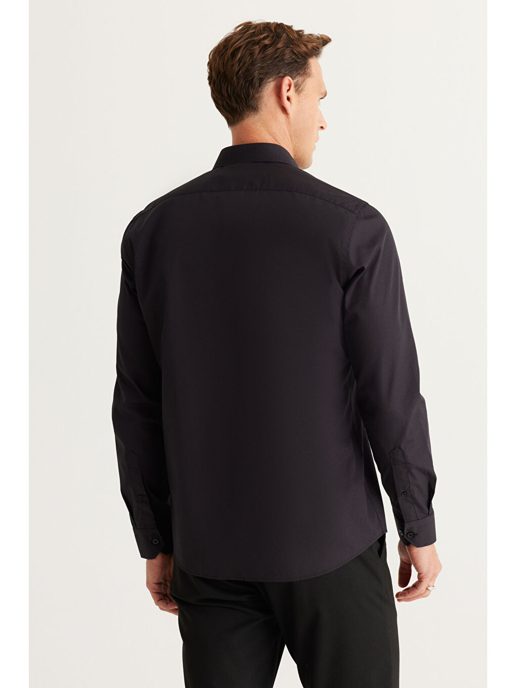Erkek Siyah Kolay Ütülenebilir Non-Iron Pamuklu Slim Fit Dar Kesim Klasik Yaka Gömlek-5