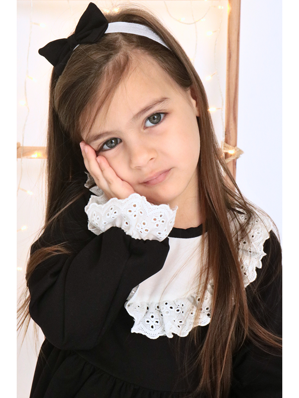 Beyaz Kız Çocuk Ruby Siyah Uzun Kollu Dantel Detaylı Fırfırlı Elbise Bandana Takım-10