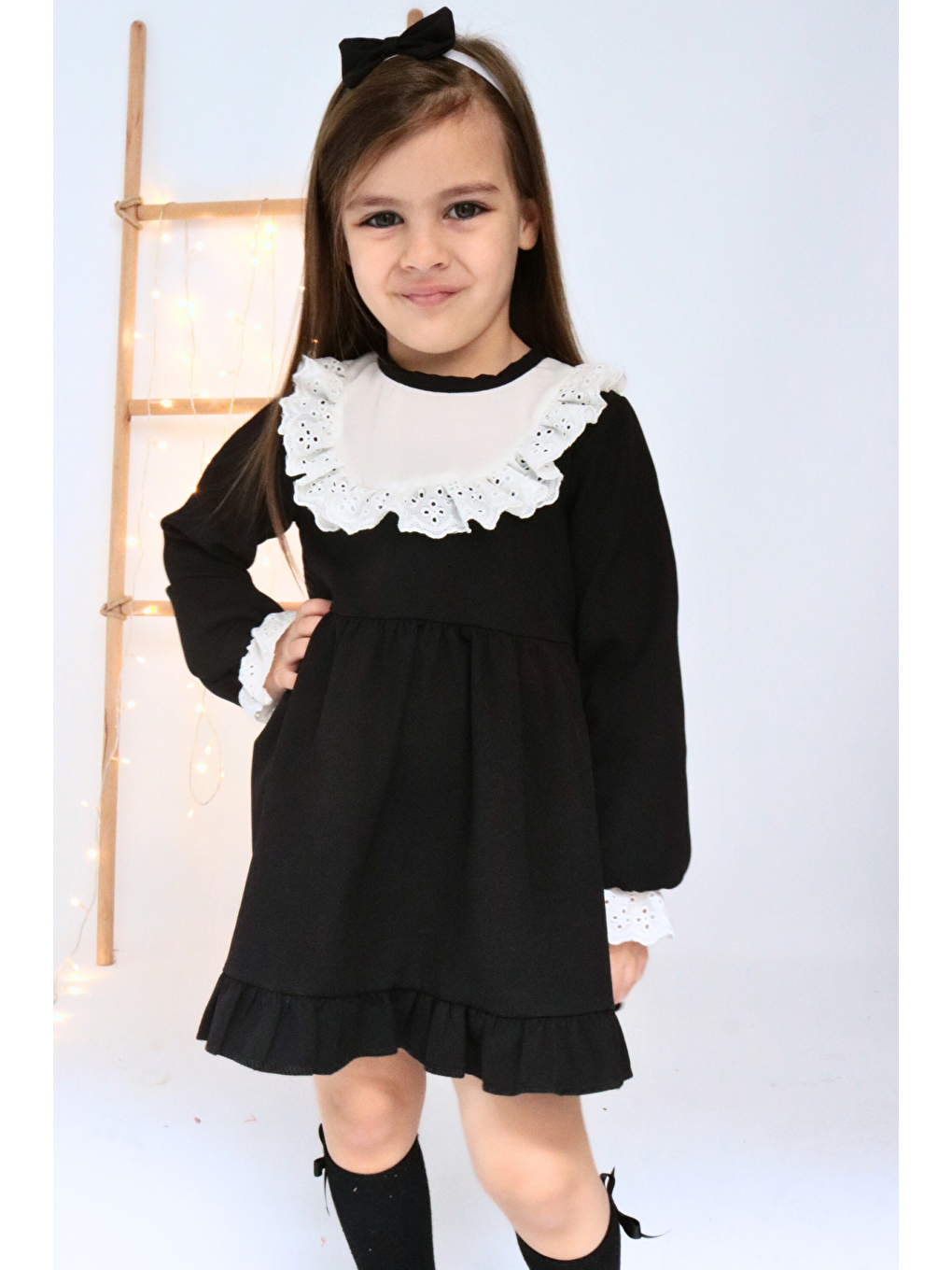 Beyaz Kız Çocuk Ruby Siyah Uzun Kollu Dantel Detaylı Fırfırlı Elbise Bandana Takım-11