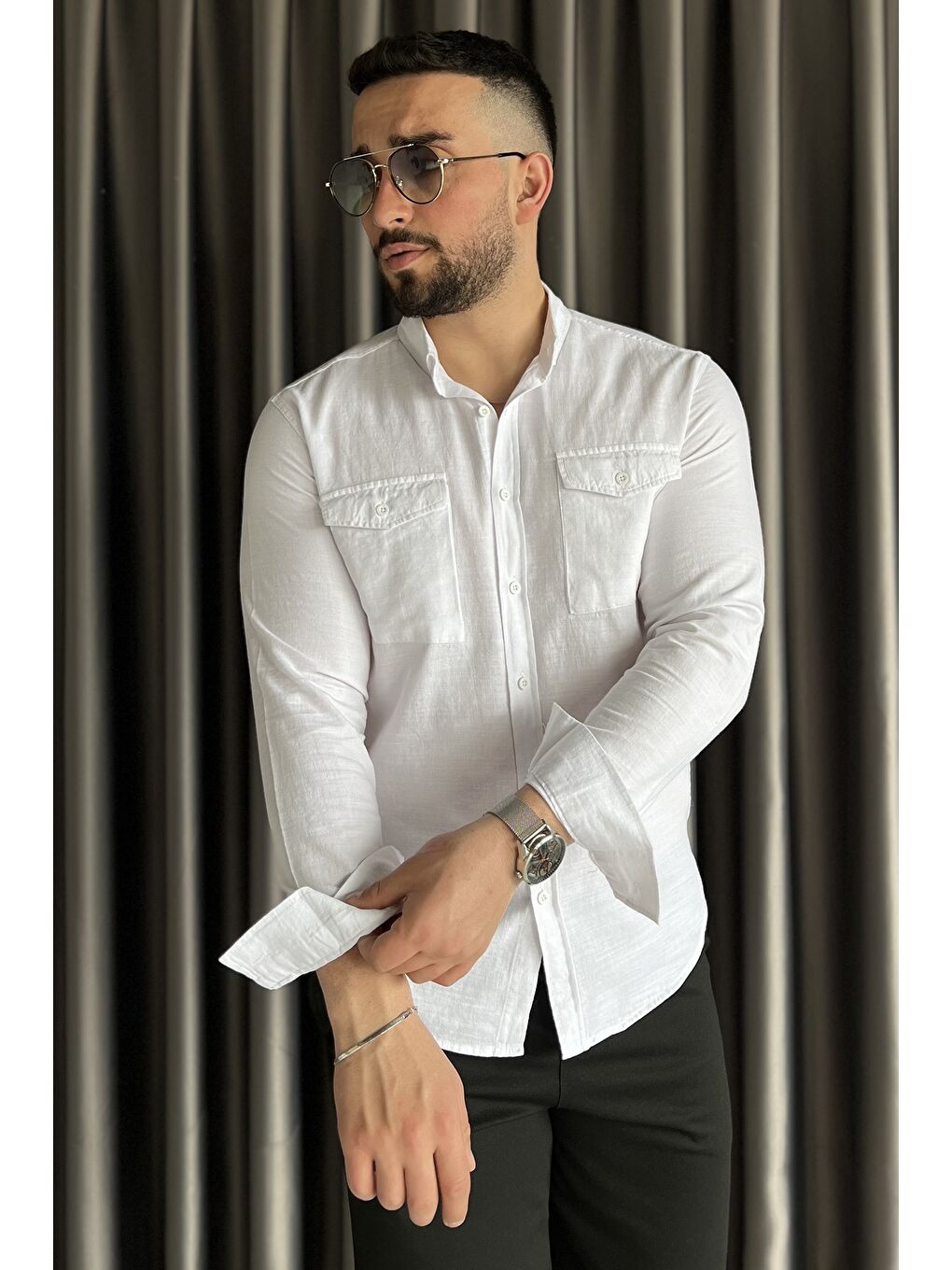 Beyaz Çift Cepli Erkek Uzun Kol Gömlek-1