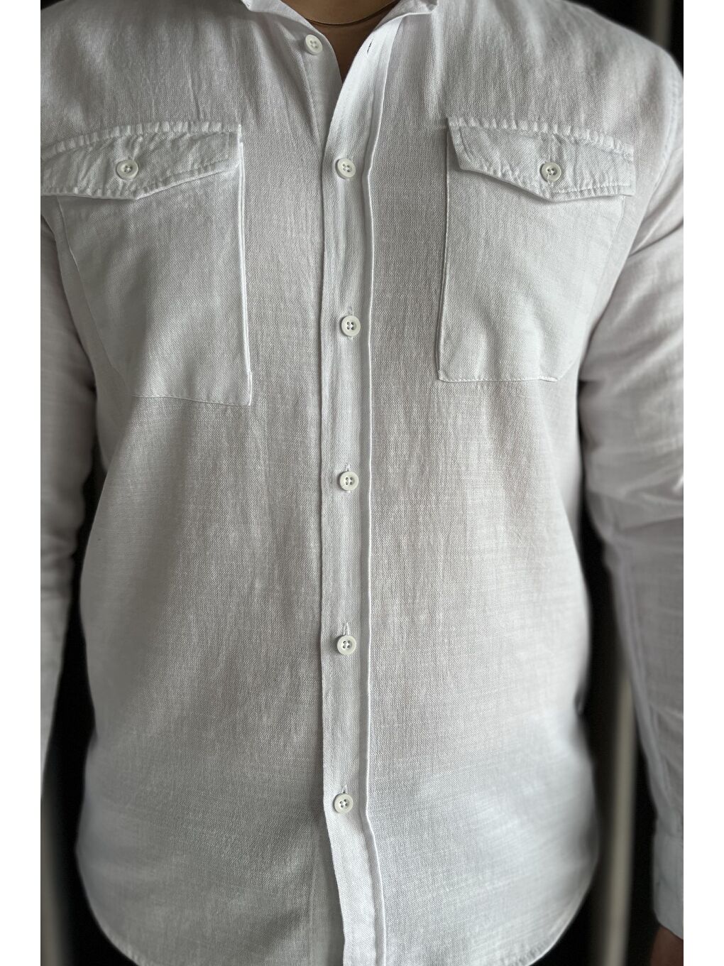 Beyaz Çift Cepli Erkek Uzun Kol Gömlek-3