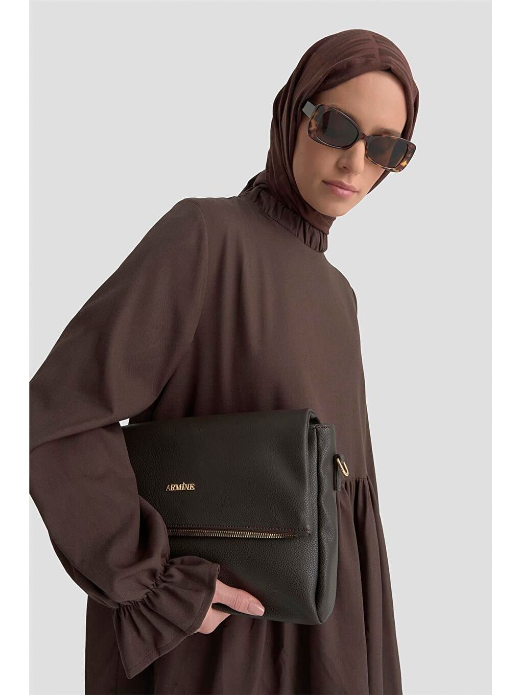 Kahverengi Fırfırlı Balon Kollu Tunik 25Kd9018  Acı Kahve-1