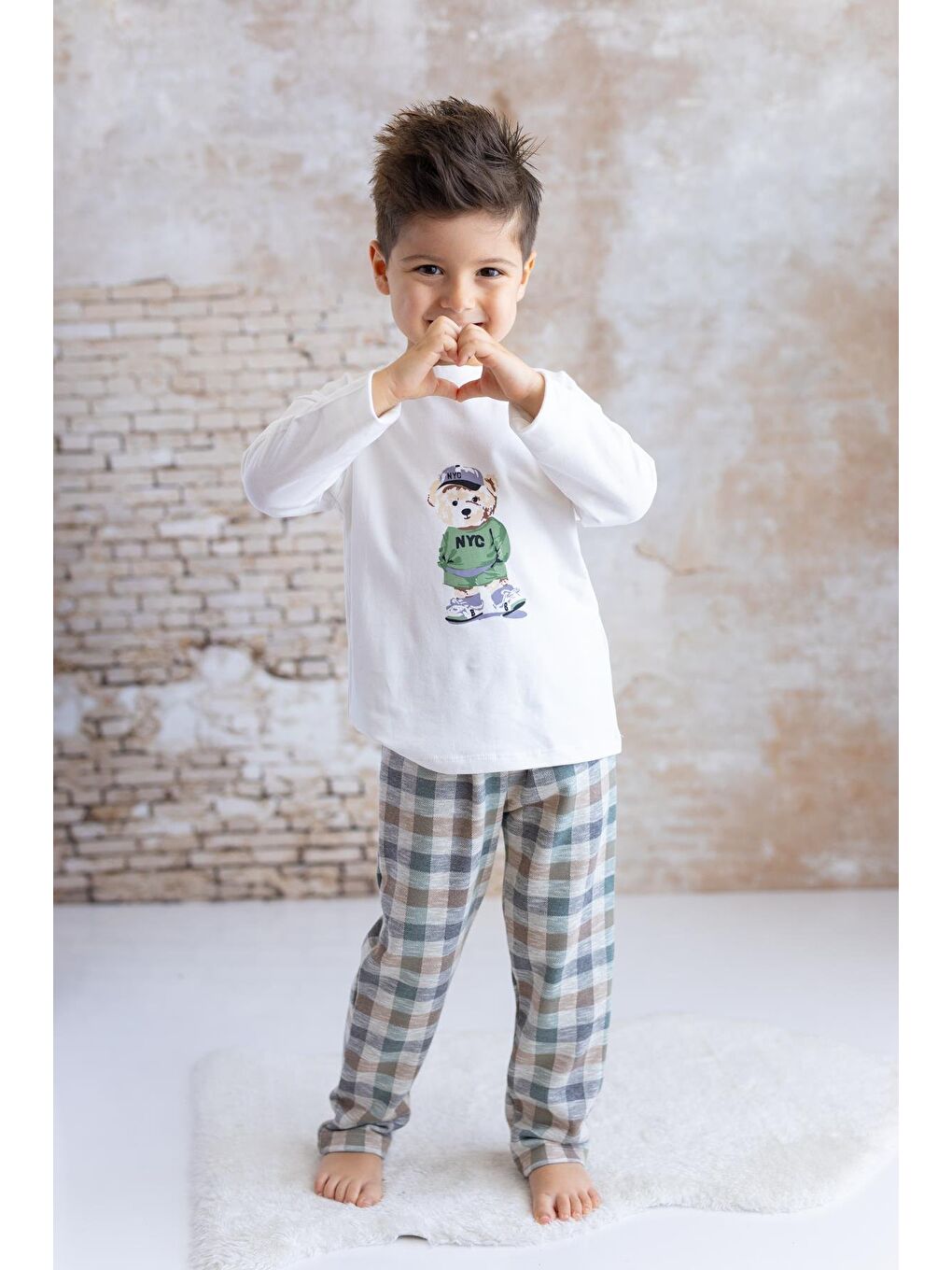 Erkek Bebek Ayı Baskılı Ekose Pantolon Takım - Yeşil-1
