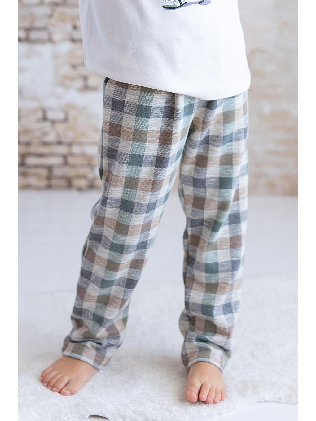 Erkek Bebek Ayı Baskılı Ekose Pantolon Takım - Yeşil-2