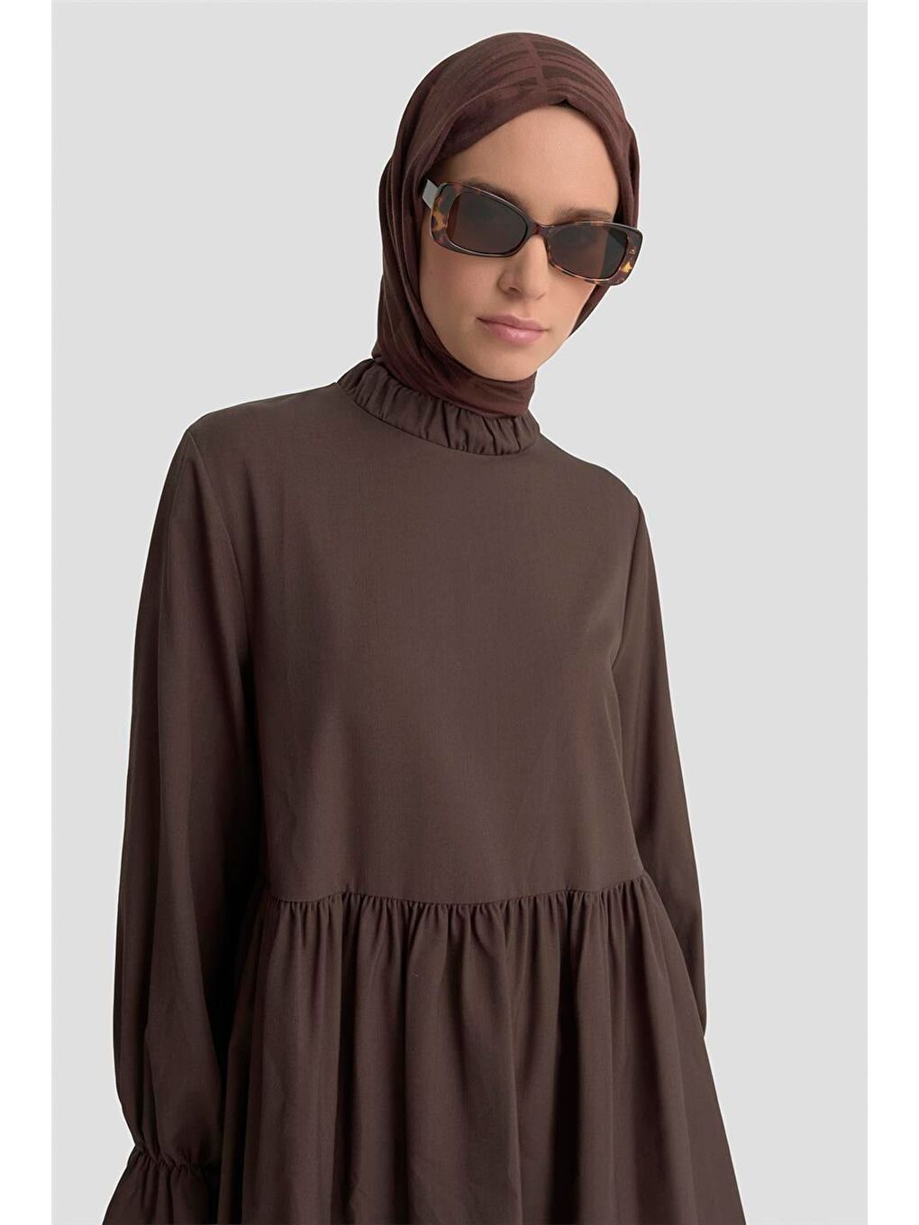 Kahverengi Fırfırlı Balon Kollu Tunik 25Kd9018  Acı Kahve-2
