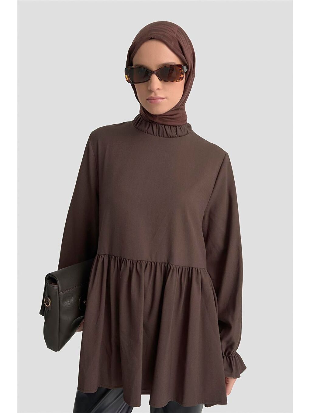 Kahverengi Fırfırlı Balon Kollu Tunik 25Kd9018  Acı Kahve-3