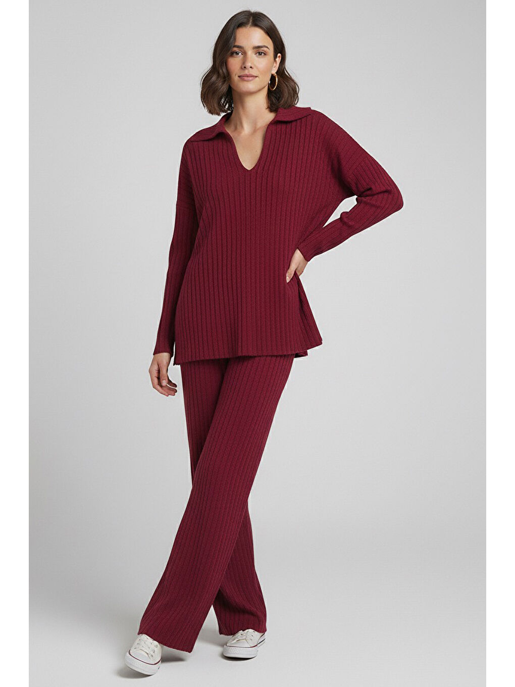 Polo Yaka Fitilli Kaşkorse İkili Takım Bordo - 27993-BORDO