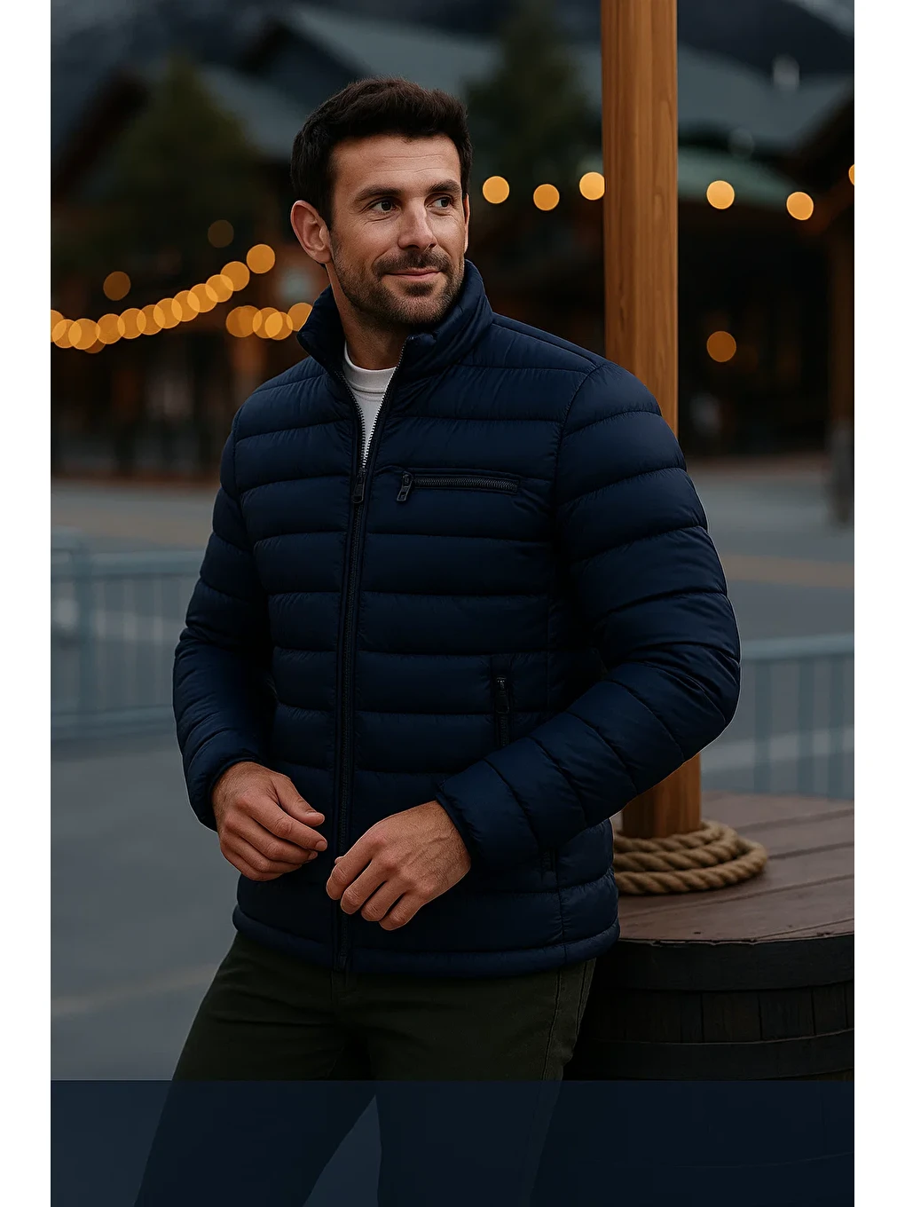 Erkek Trend Günlük Dik Yaka Kışlık K.Lacivert Şişme Mont
