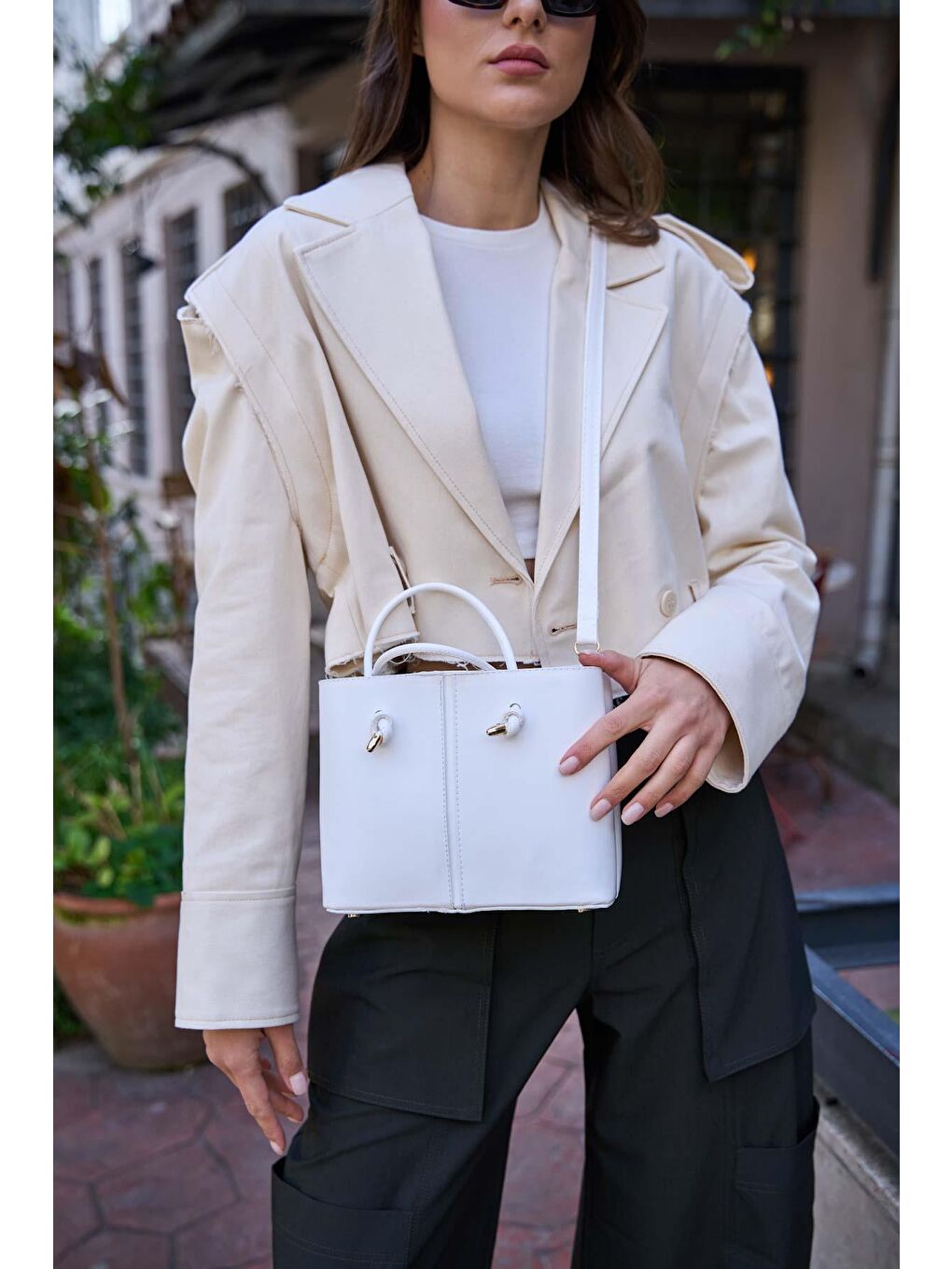 Bağcık Detaylı El Ve Omuz Çantası Beyaz-1