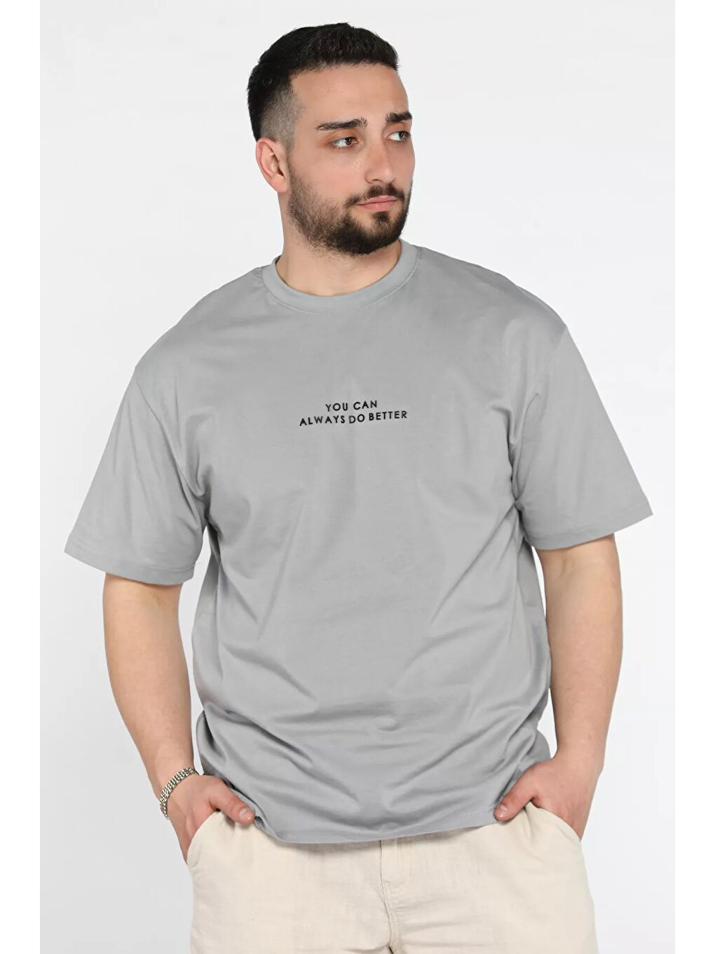 Gri Erkek Bisiklet Yaka Silikon Yazı Baskılı Tişört