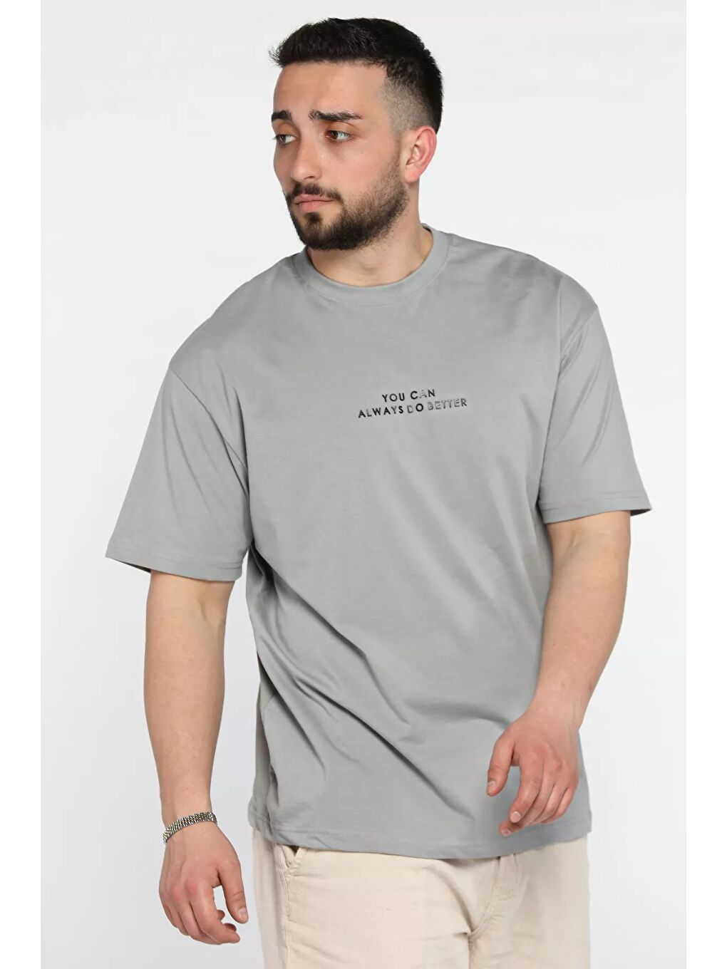 Gri Erkek Bisiklet Yaka Silikon Yazı Baskılı Tişört-1