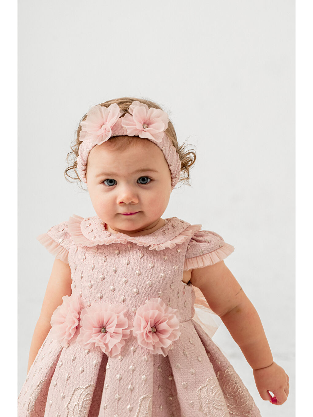 Pembe Fırfır Yakalı Çiçek Kabartmalı Jakar Elbise-2