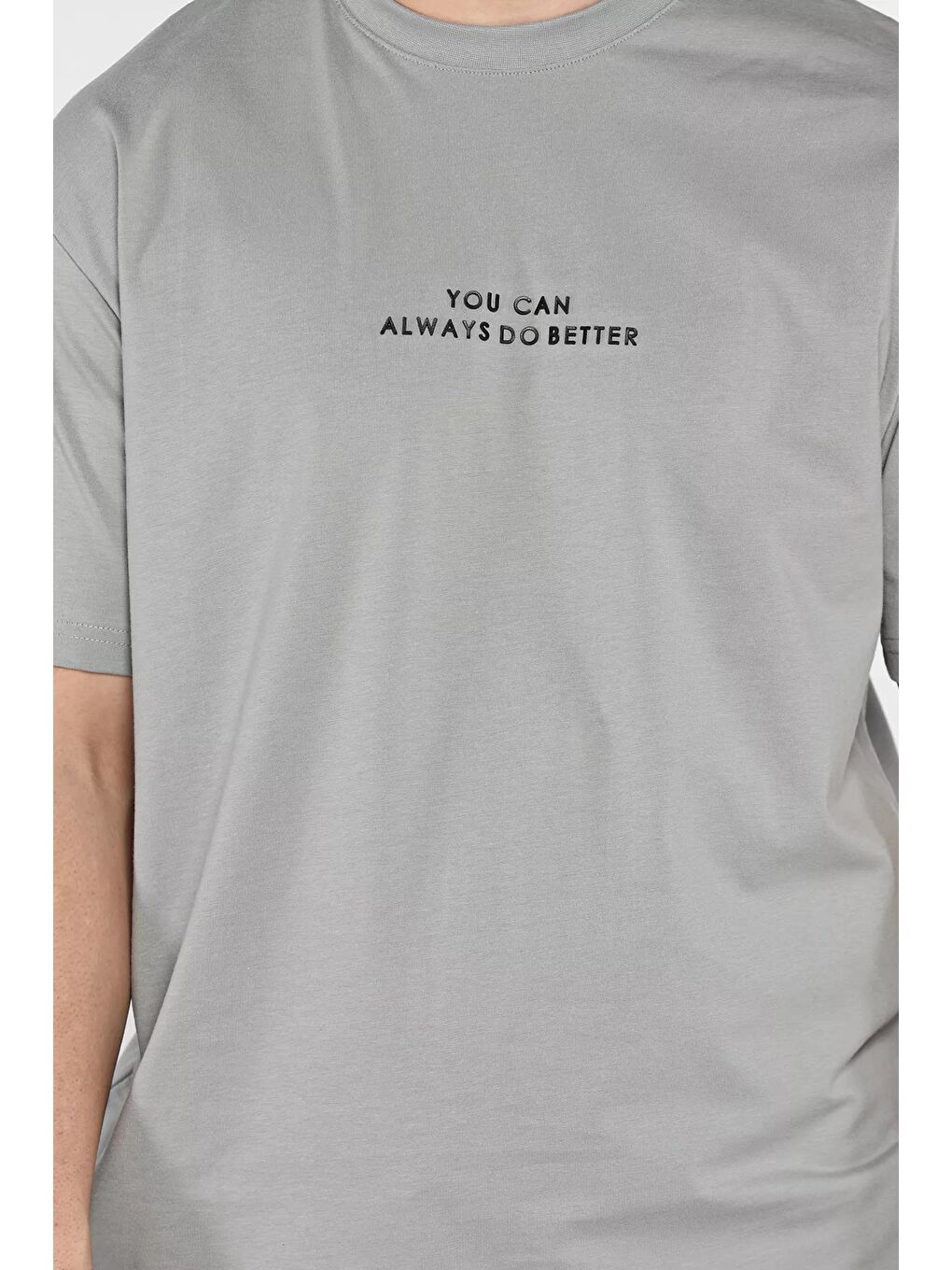 Gri Erkek Bisiklet Yaka Silikon Yazı Baskılı Tişört-3