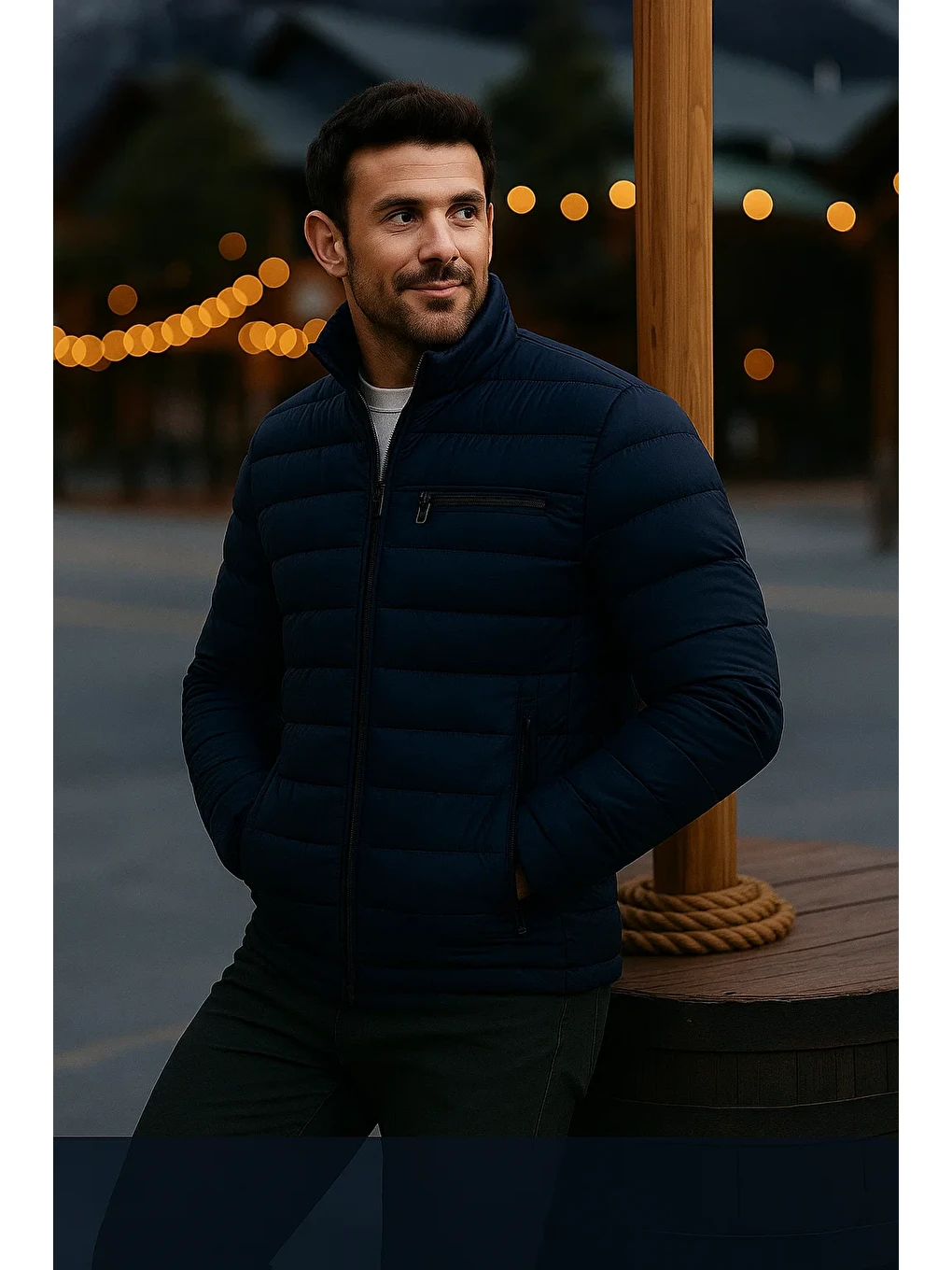 Erkek Trend Günlük Dik Yaka Kışlık K.Lacivert Şişme Mont-3