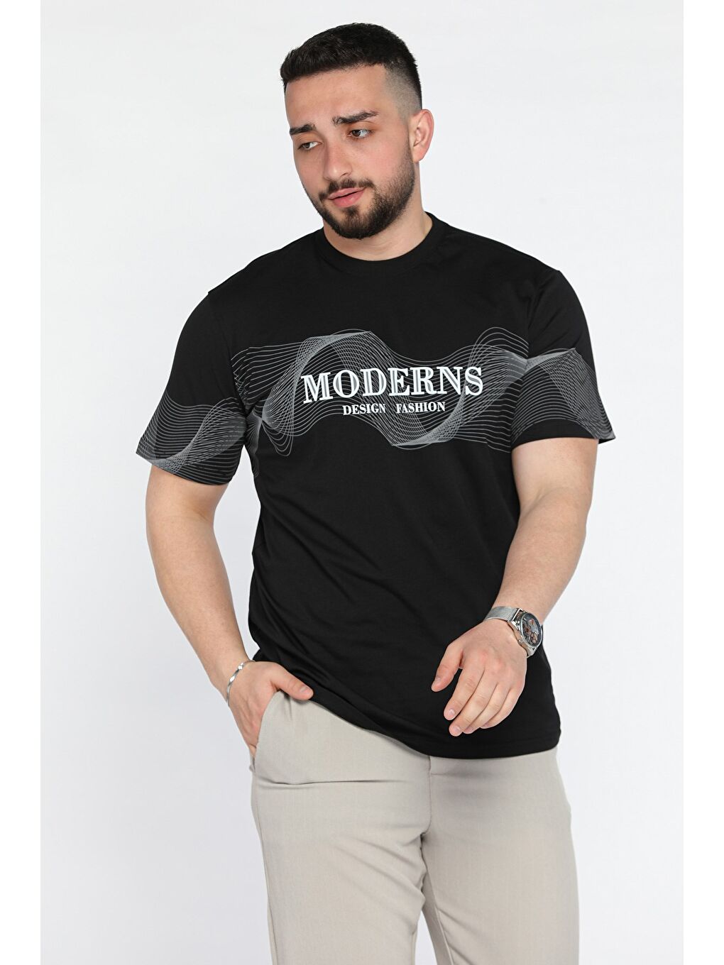 Siyah Erkek Bisiklet Yaka Baskılı Tişört