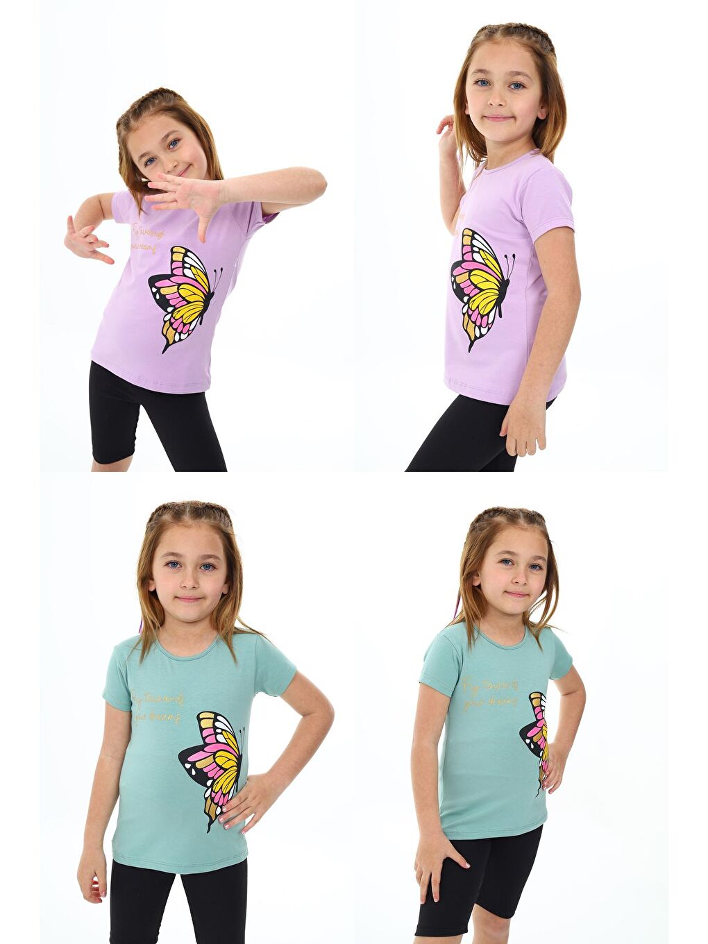 Mor Kız Çocuk Kelebek Baskılı 2'li T-Shirt 3-13 Yaş Zu107