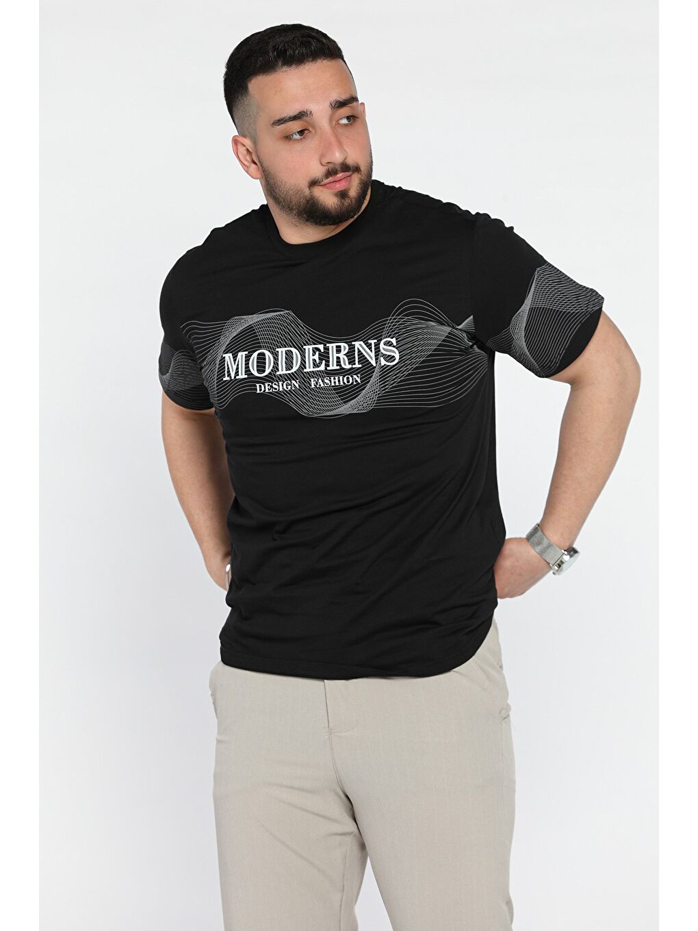 Siyah Erkek Bisiklet Yaka Baskılı Tişört-1