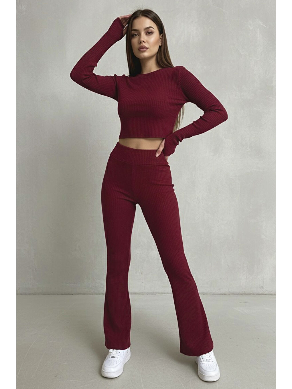 Parmak Geçmeli Kaşkorse İkili Takım Bordo - 27996-BORDO