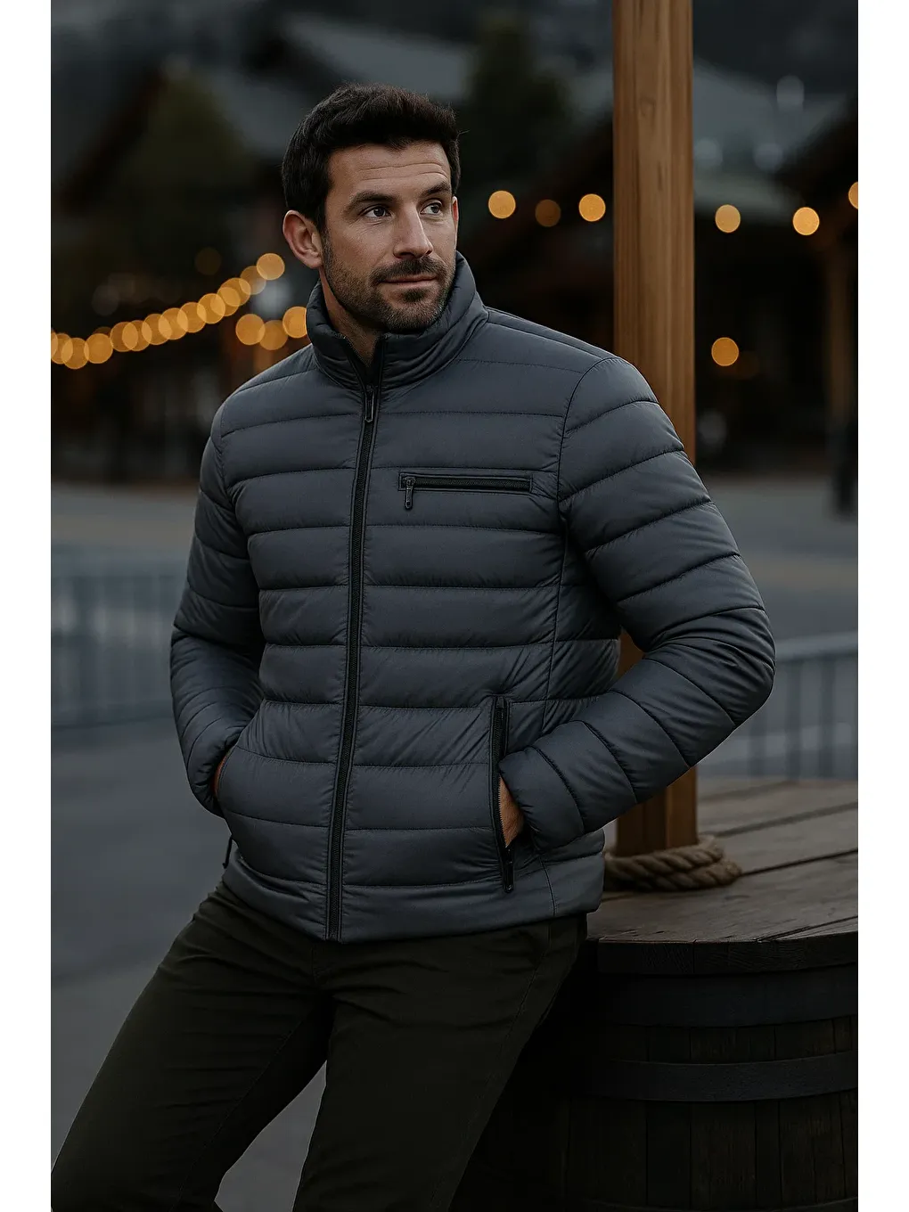 Gri Erkek Trend Günlük Dik Yaka Kışlık Füme Şişme Mont-1