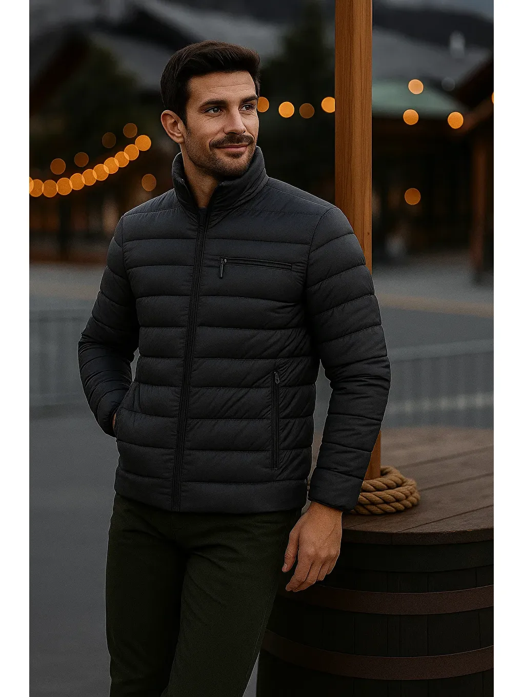 Gri Erkek Trend Günlük Dik Yaka Kışlık Füme Şişme Mont-2