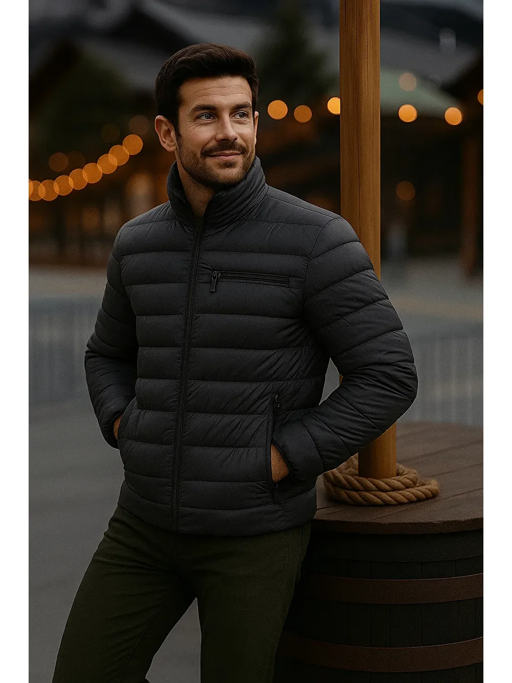 Gri Erkek Trend Günlük Dik Yaka Kışlık Füme Şişme Mont-3