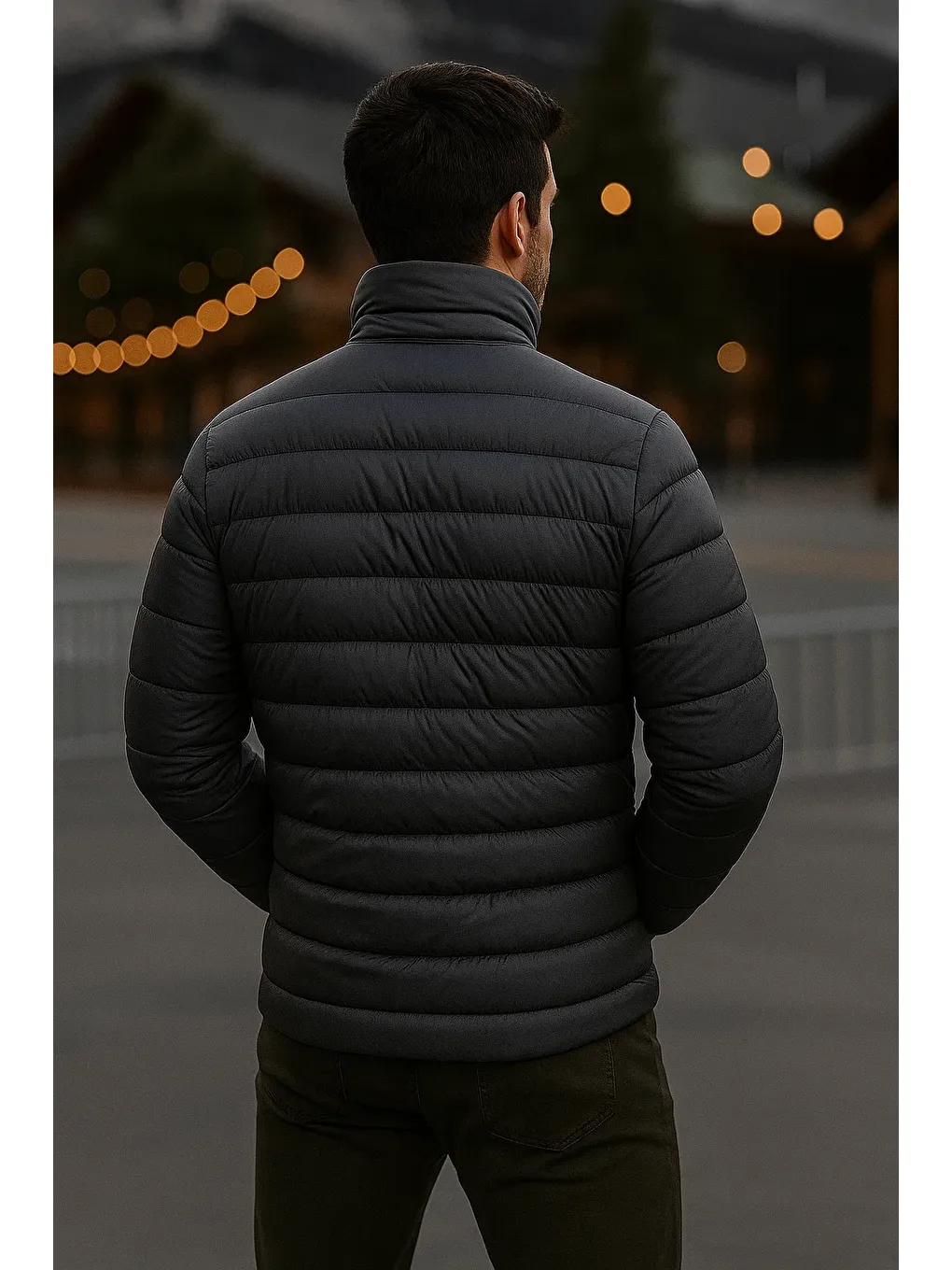 Gri Erkek Trend Günlük Dik Yaka Kışlık Füme Şişme Mont-4