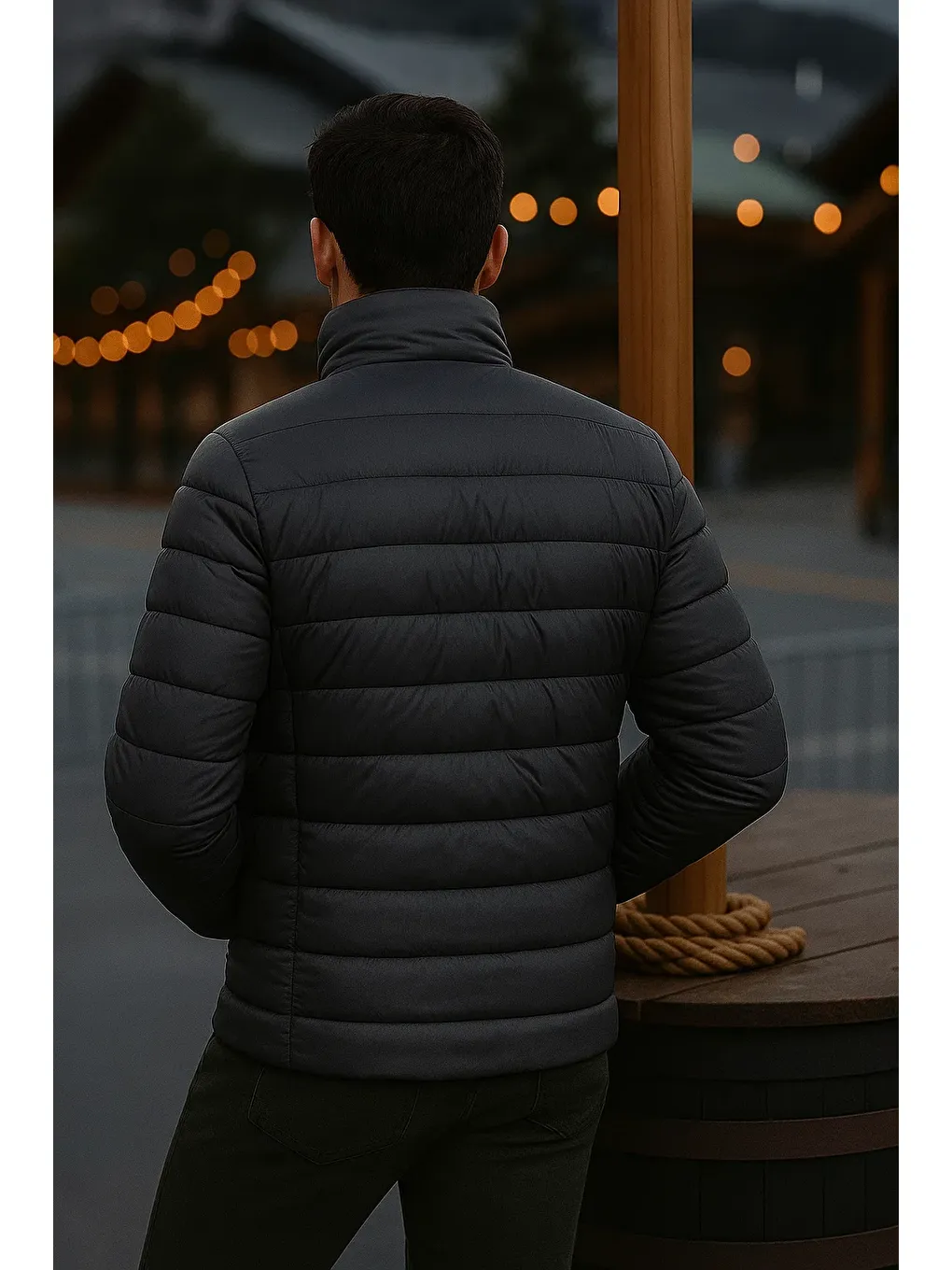 Gri Erkek Trend Günlük Dik Yaka Kışlık Füme Şişme Mont-5