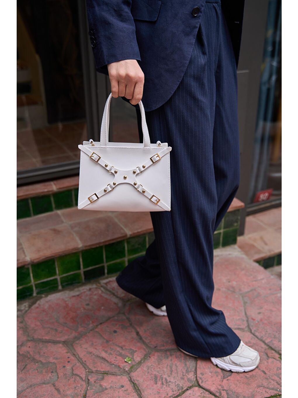 Zımbalı Mini Tote El Ve Omuz Çantası Beyaz-1