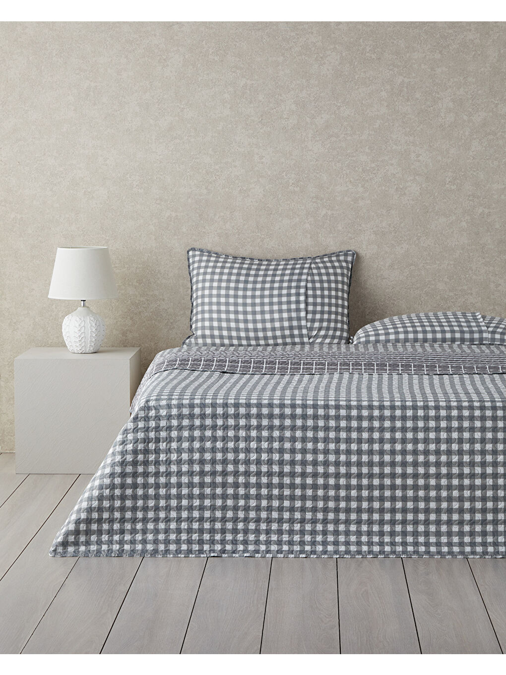 English Home Line Grid Çok Amaçlı King Size Yatak Örtüsü Takımı 240x220 cm Gri - 1