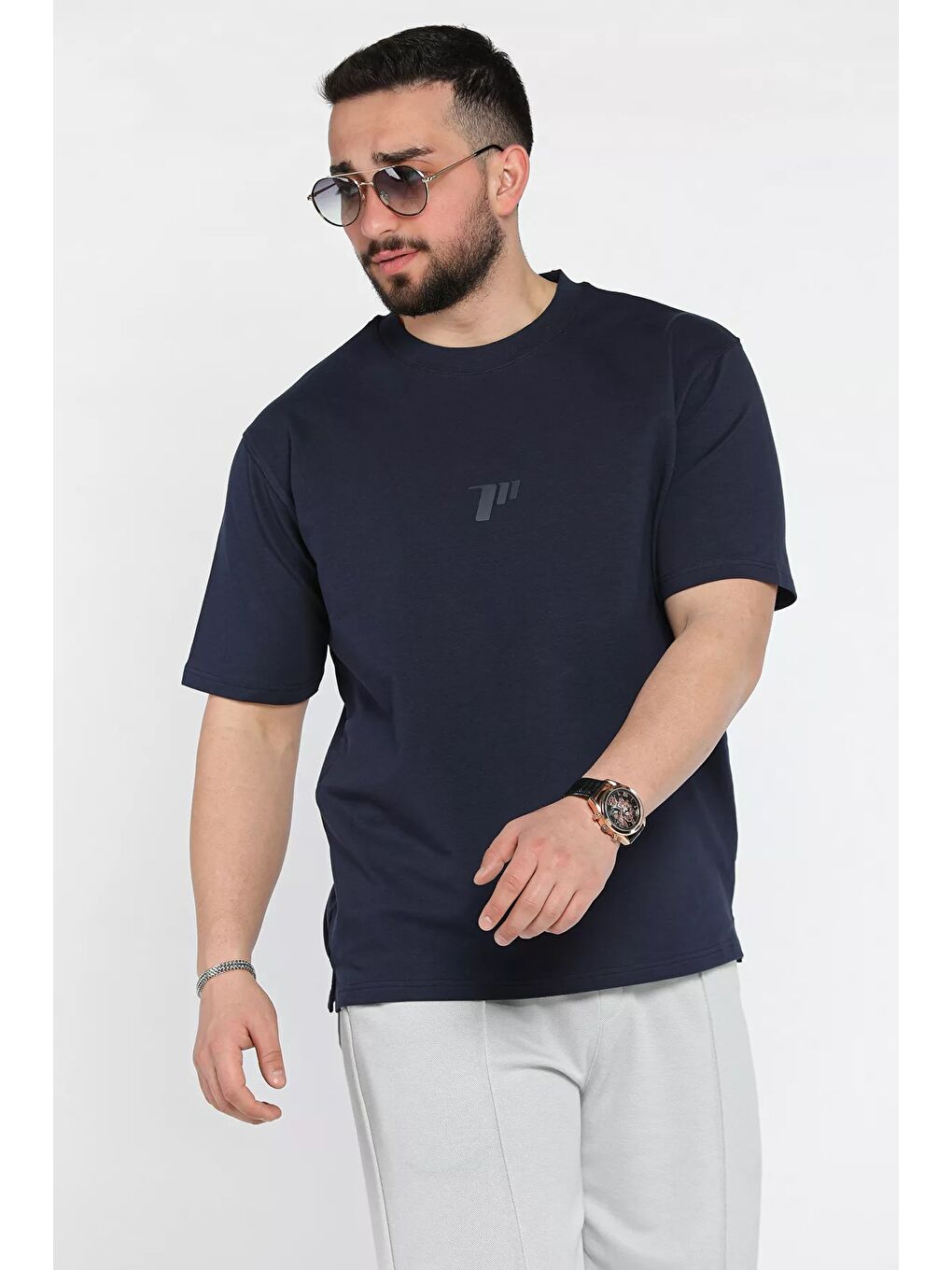 Lacivert Erkek Bisiklet Yaka Baskılı Tişört-1