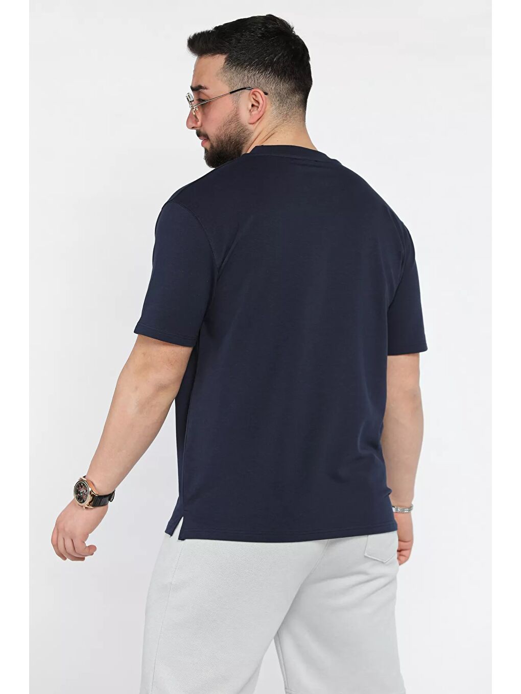 Lacivert Erkek Bisiklet Yaka Baskılı Tişört-2