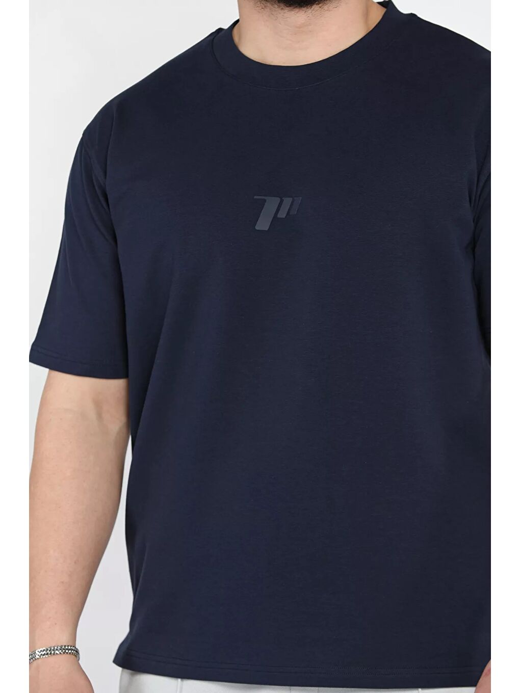 Lacivert Erkek Bisiklet Yaka Baskılı Tişört-3
