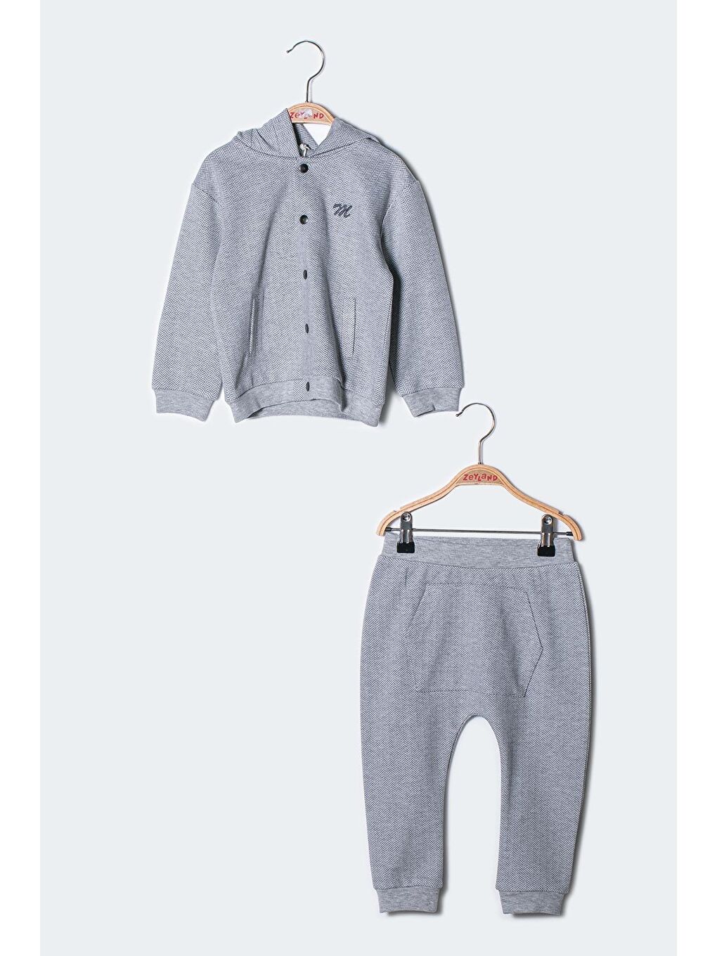 Gri Erkek Bebek Kapüşonlu Hırka Ve Pantolon Takım-2
