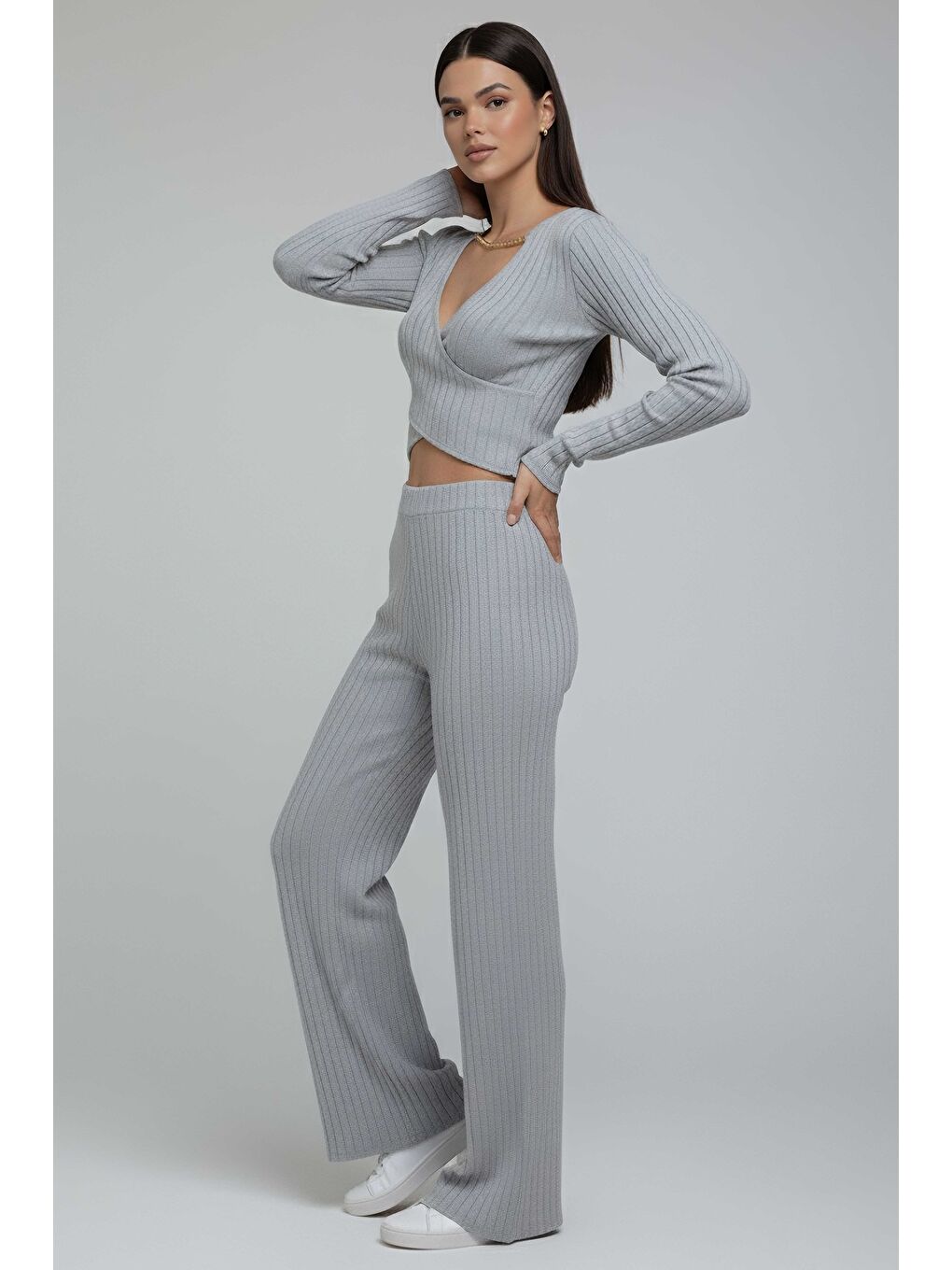 Zincirli Crop Pantolon Kaşkorse Takım Gri - 27995-GRI
