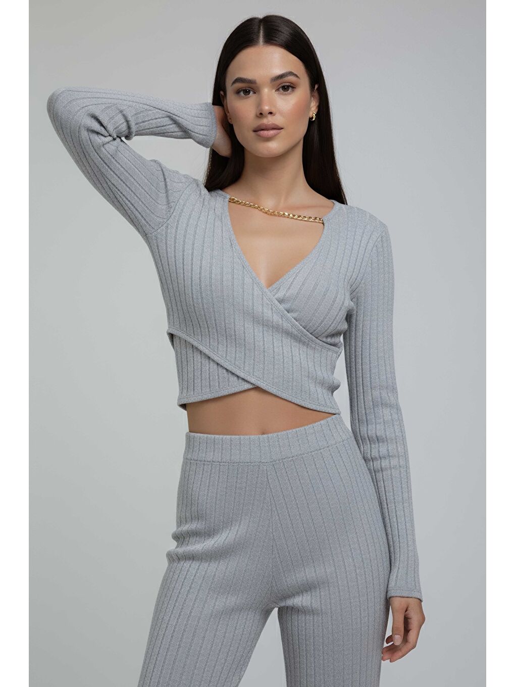 Zincirli Crop Pantolon Kaşkorse Takım Gri - 27995-GRI-1