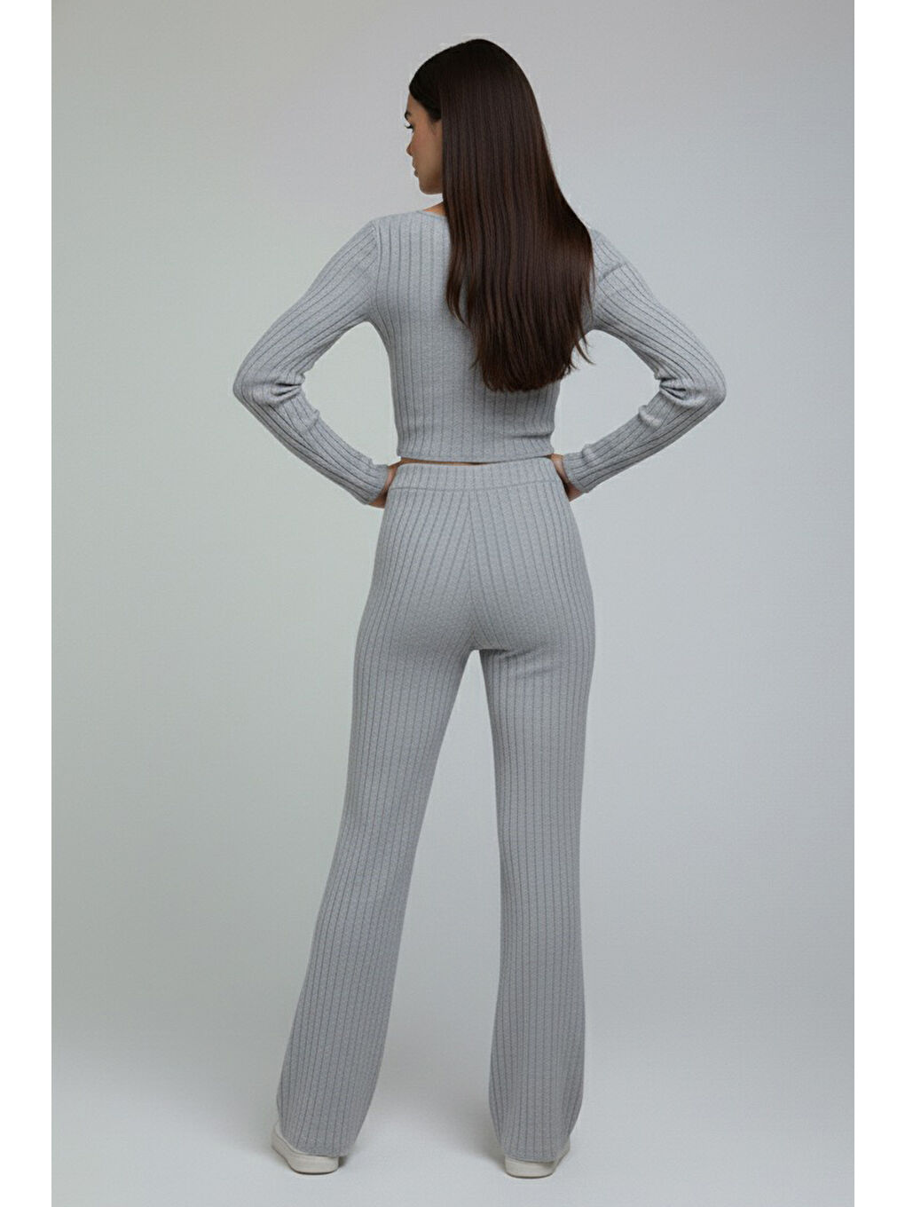 Zincirli Crop Pantolon Kaşkorse Takım Gri - 27995-GRI-2