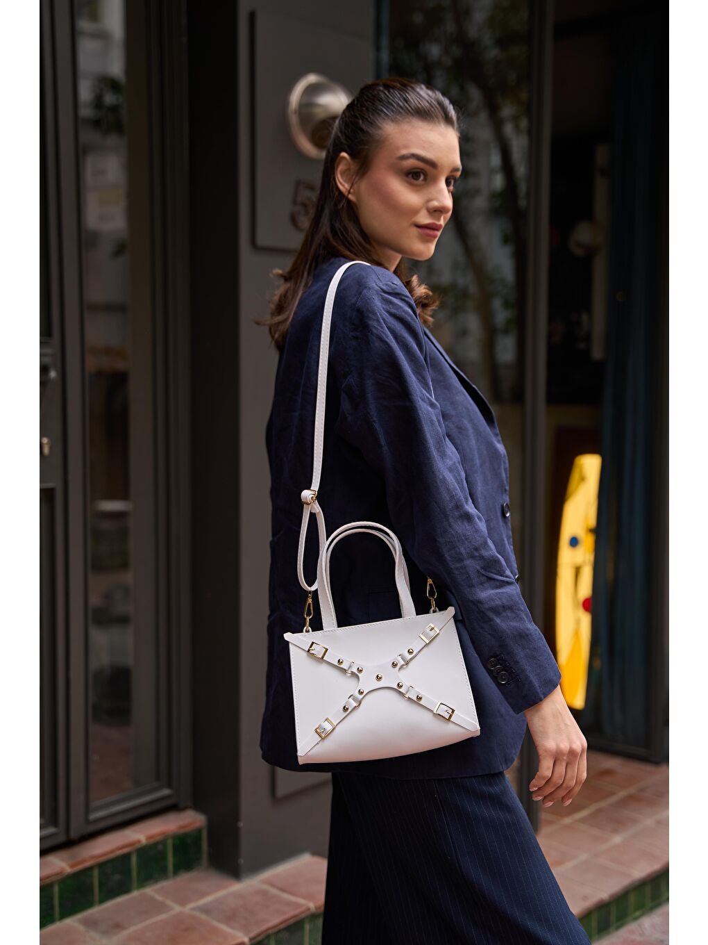 Zımbalı Mini Tote El Ve Omuz Çantası Beyaz-2