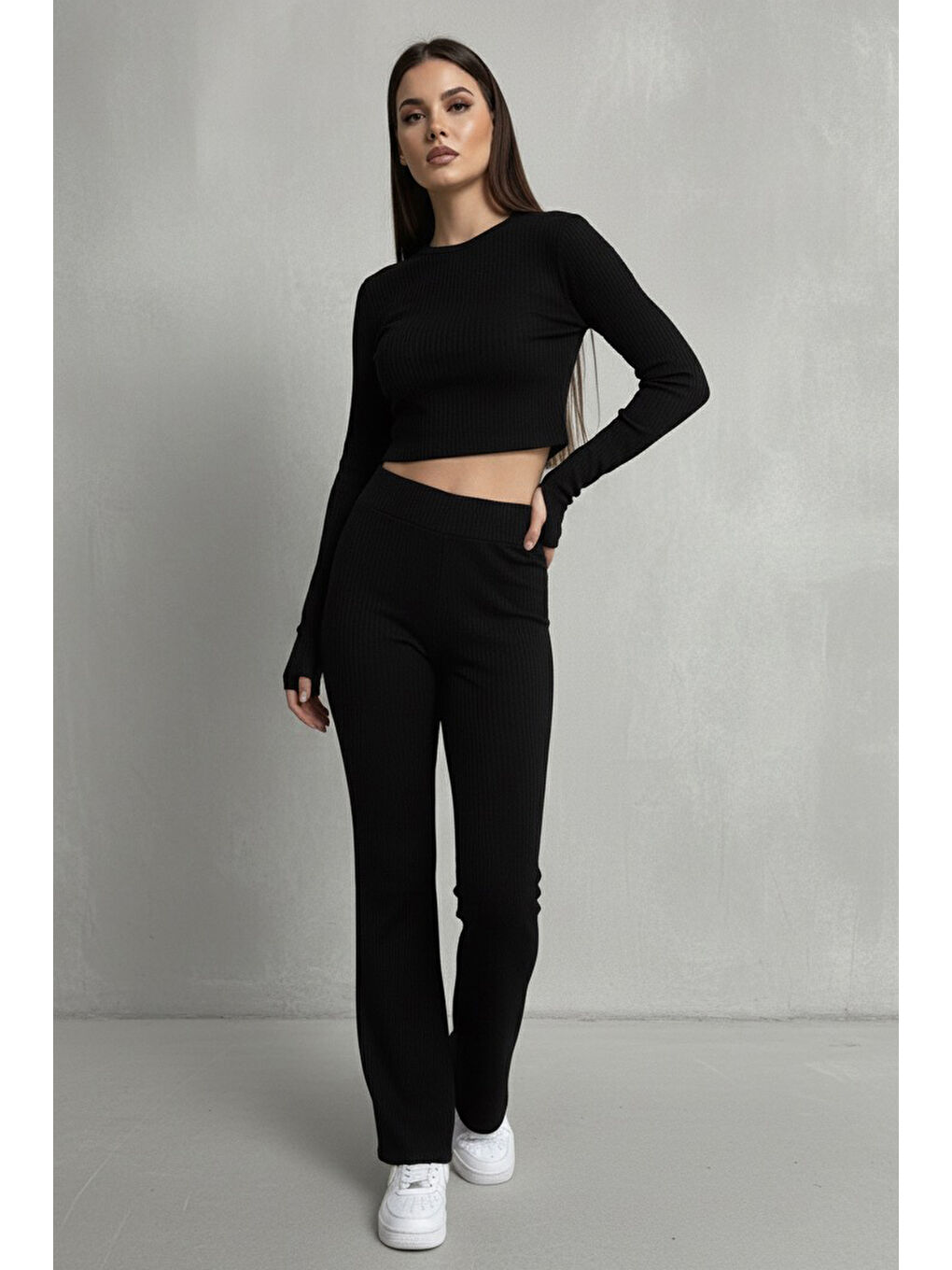 Parmak Geçmeli Kaşkorse İkili Takım Siyah - 27996-SIYAH