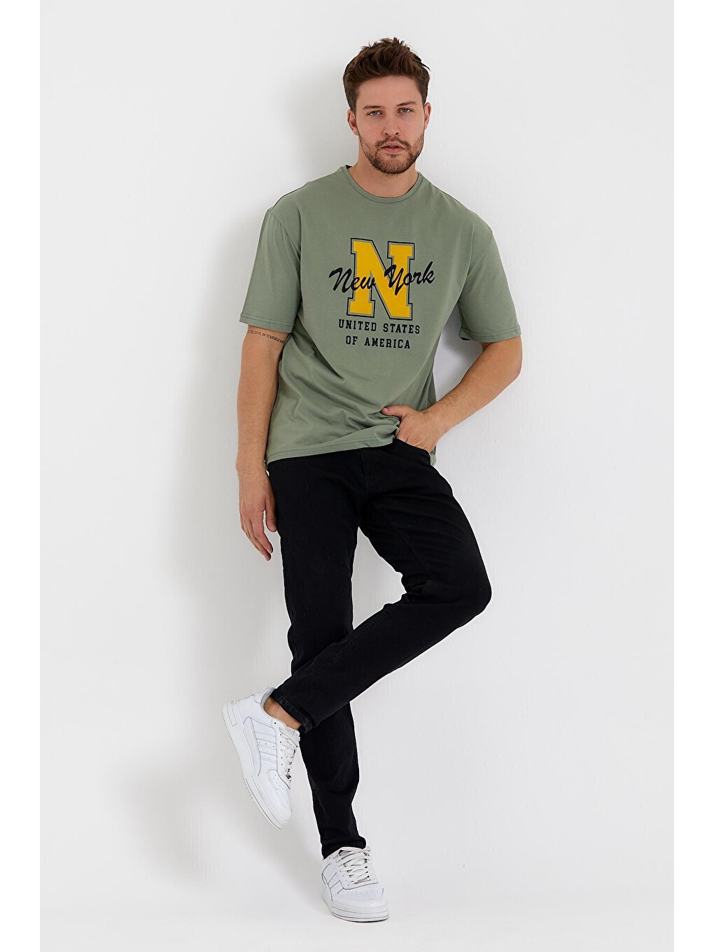 Yeşil Erkek Bisiklet Yaka Regular Fit N Baskılı Tişort Spr22ts113-1