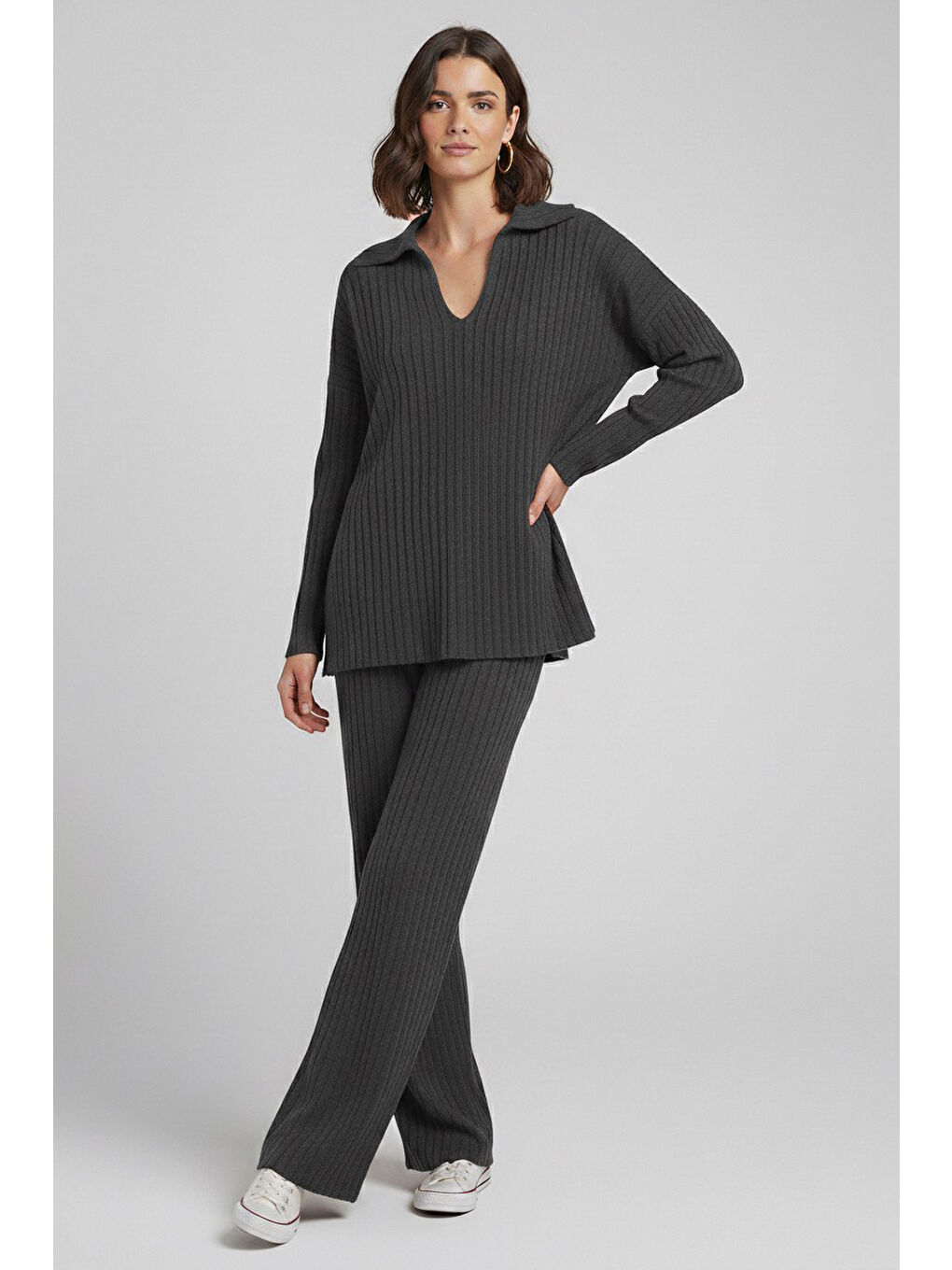 Gri Polo Yaka Fitilli Kaşkorse İkili Takım Füme - 27993-FUME-1