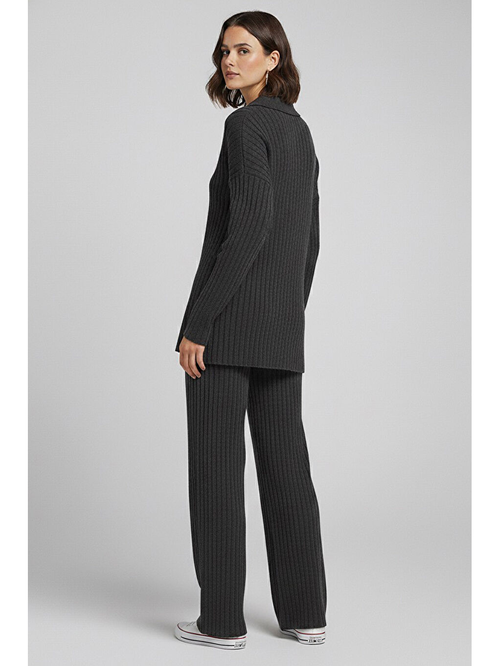 Gri Polo Yaka Fitilli Kaşkorse İkili Takım Füme - 27993-FUME-2