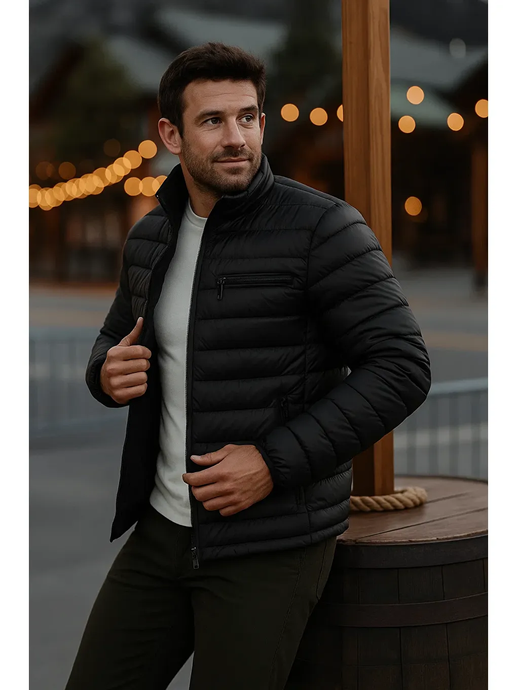 Erkek Trend Günlük Dik Yaka Kışlık Siyah Şişme Mont-1